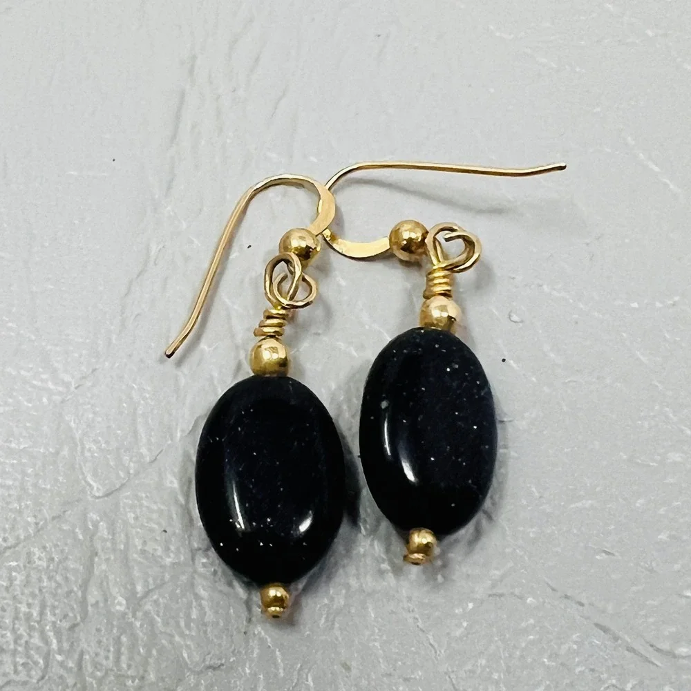 Black Blue Sparkle Pierced Earrings Oval Hook‎ Dangle Drop Minimalist